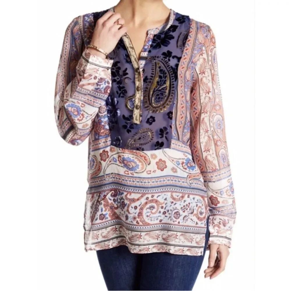 Aratta Silent Journey Sierra Creme Navy Blue Floral Sheer Tunic Top XS Fairycore